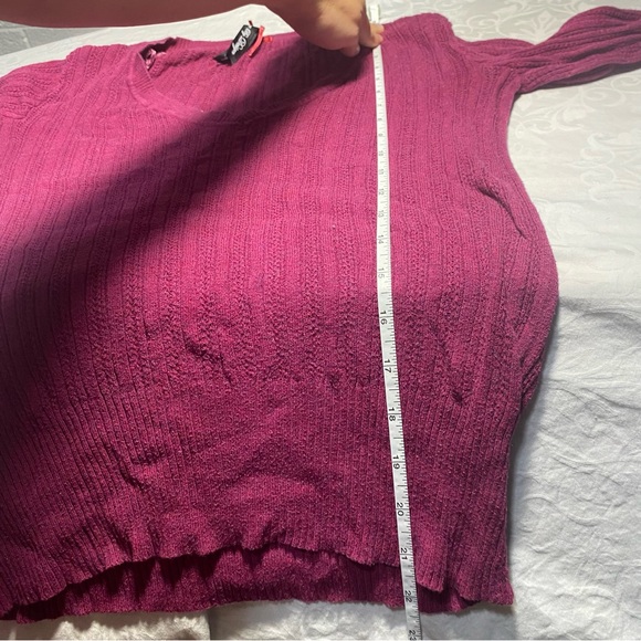 100% Cotton Love by Design Open Knit Sweater V Neck Stretch Longsleeve Fuschia M - Picture 3 of 9